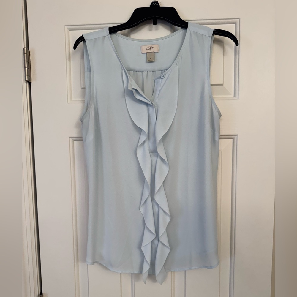 LOFT Light Blue Ruffled Sleeveless Blouse